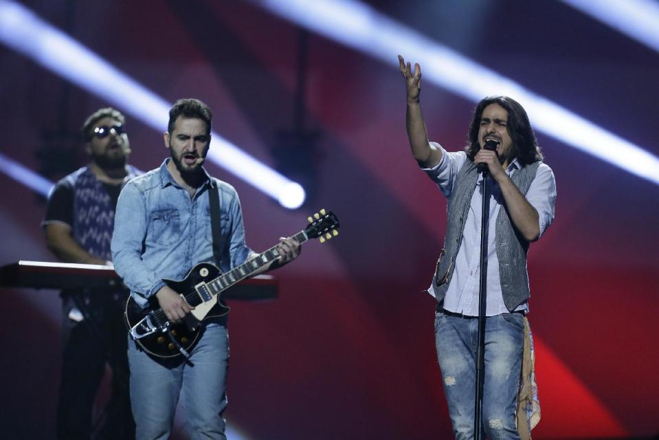 Dorians of Armenia perform their song "Lonely Plant" during a rehearsal for the final of the Eurovision Song Contest at the Malmo Arena in Malmo, Sweden, Friday, May 17, 2013. The contest is run by European television broadcasters with the event being held in Sweden as they won the competition in 2012, the final will be held in Malmo on May 18. (AP Photo/Alastair Grant)