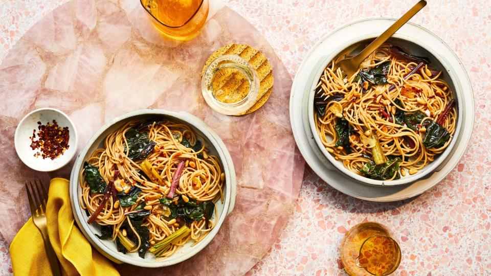 Whole Wheat Pasta with Chard and Pine Nuts