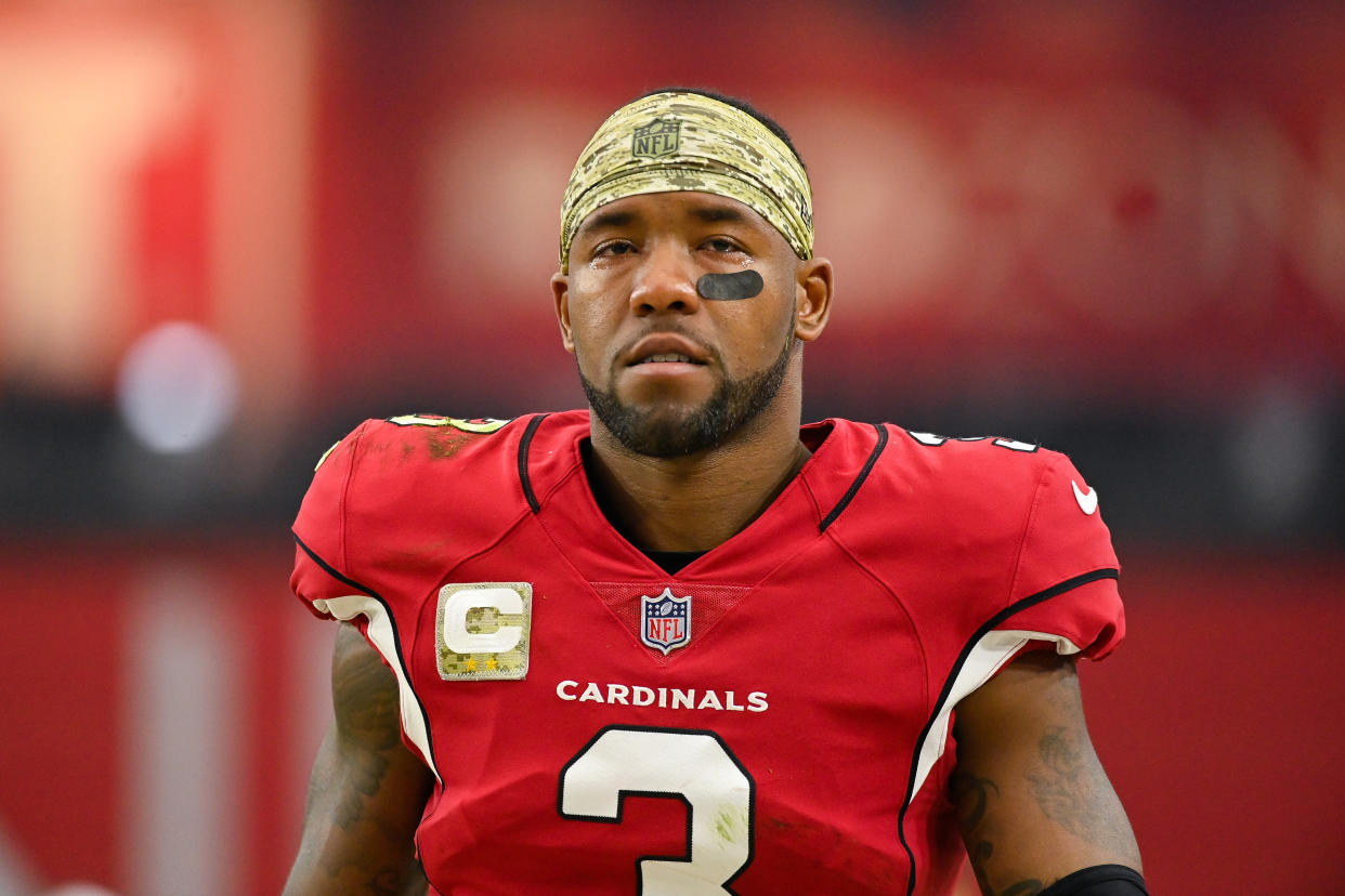 GLENDALE, ARIZONA - NOVEMBER 14: Budda Baker #3 of the Arizona Cardinals looks on during the second quarter against the Carolina Panthers at State Farm Stadium on November 14, 2021 in Glendale, Arizona. The Panthers defeated the Cardinals 34-10. (Photo by Kelsey Grant/Getty Images)