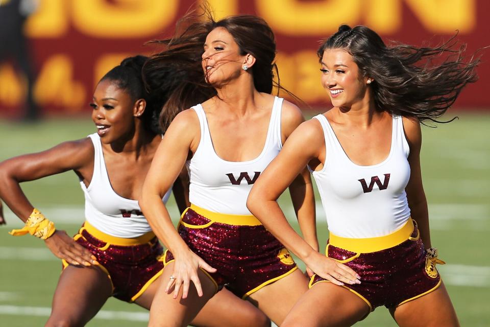 Washington Football Team cheerleaders perform prior to the Washington Football Team training camp practice on August 6, 2021, at FedEx Field in Landover, MD.