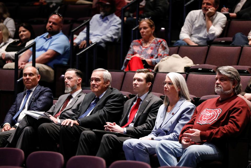 Members of the Missouri State University Board of Governors listen to Roger Thompson, a finalist for the Missouri State University president job, answer questions at an open forum in the Plaster Student Union auditorium on Thursday, Feb. 29, 2024.