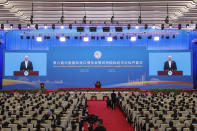 In this photo released by Xinhua News Agency, Australian Prime Minister Anthony Albanese delivers his speech at the opening ceremony of 6th China International Import Expo (CIIE) and the Hongqiao International Economic Forum in Shanghai on Sunday, Nov. 5, 2023. Albanese struck an optimistic tone ahead of his meeting with Chinese leader Xi Jinping on Monday, Nov. 6 calling for cooperation while emphasizing that the two countries will continue to have differences. (Jin Liwang/Xinhua via AP)