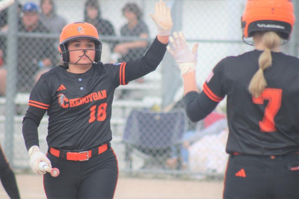 Presley Chamberlain (18), Amelia Johnson (7) and Cheboygan softball had no problems with Rudyard in a sweep on Thursday.