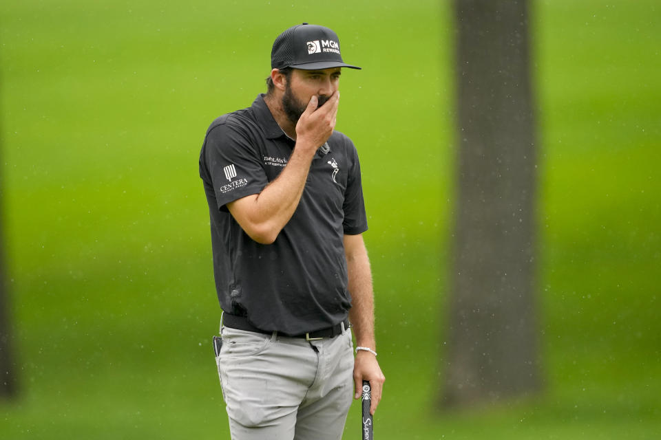 Mark Hubbard reacts after missing a putt on the 16th hole during the second round of the PGA Championship golf tournament at the Valhalla Golf Club, Friday, May 17, 2024, in Louisville, Ky. (AP Photo/Matt York)