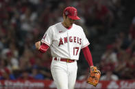 Los Angeles Angels starting pitcher Shohei Ohtani (17) reacts after the top of the sixth inning of a baseball game against the Kansas City Royals in Anaheim, Calif., Wednesday, June 22, 2022. (AP Photo/Ashley Landis)