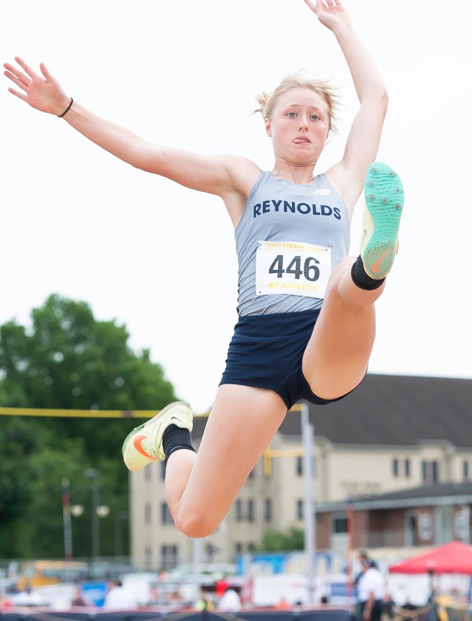 Reynolds' Grace Bresnan competes to a sixth-place finish in the 2A girls' long jump at the PIAA Track and Field Championships at Shippensburg University on Friday, May 27, 2022.