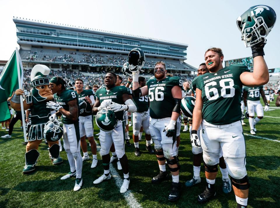 Michigan State players celebrates 42-14 win over Youngstown State at Spartan Stadium in East Lansing on Saturday, Sept. 11, 2021. That was the last time the Spartans faced a Football Championship Subdivision opponent, and they are 7-0 all-time against lower-division foes going into Saturday's game against Richmond.