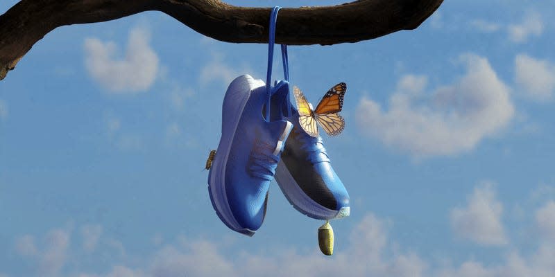 Illustration of sneakers hanging on a tree with a butterfly.