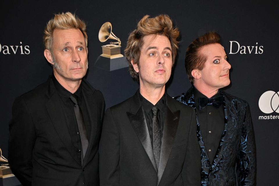 Green Day (from left): Mike Dirnt, Billie Joe Armstrong and Tre Cool opened the 2024 Clive Davis Pre-Grammy Gala with a searing run through of "American Idiot."