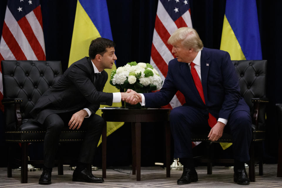 President Donald Trump meets with Ukrainian President Volodymyr Zelenskiy at the InterContinental Barclay New York hotel during the United Nations General Assembly, Wednesday, Sept. 25, 2019, in New York. (AP Photo/Evan Vucci)