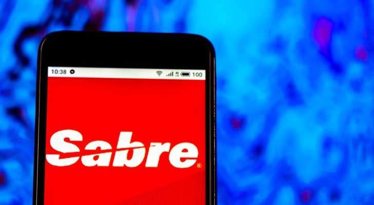 The logo for Sabre Corporation (SABR) is displayed on a smartphone screen.