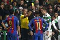 Britain Football Soccer - Celtic v FC Barcelona - UEFA Champions League Group Stage - Group C - Celtic Park, Glasgow, Scotland - 23/11/16 Celtic's Mikael Lustig and Barcelona's Neymar are both shown a yellow card by referee Daniele Orsato Reuters / Russell Cheyne Livepic