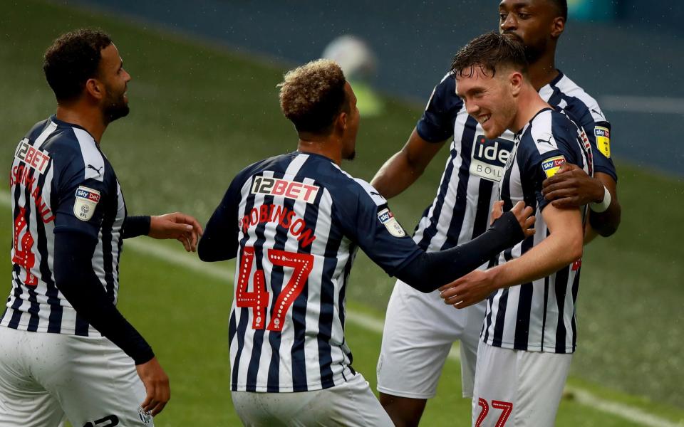 Dara O'Shea (far right ) of West Bromwich Albion celebrate with his team mates after he scores the 2nd goal during the Sky Bet Championship match between West Bromwich Albion and Derby County at The Hawthorns on July 08, 2020 - GETTY IMAGES