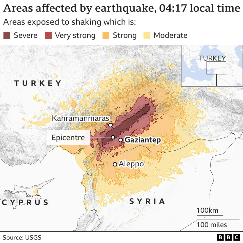 Map showing damage zone