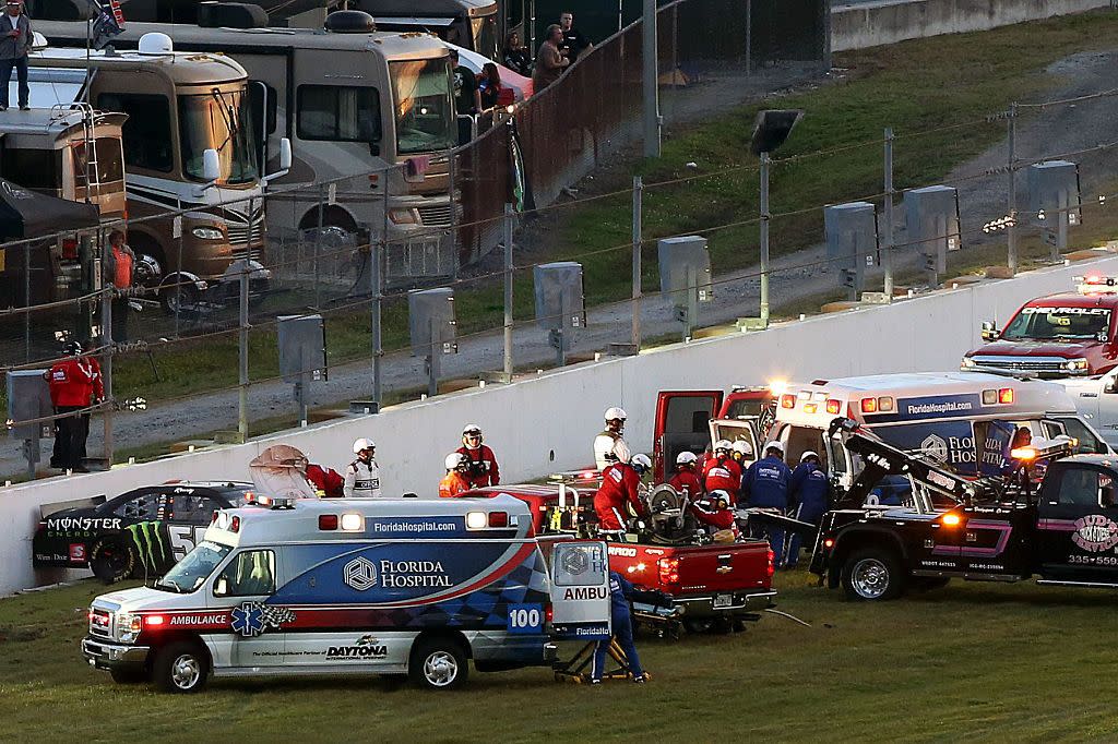 daytona beach, fl   february 21  the car of kyle busch, driver of the 54 monster energy toyota, is seen against a wall after crashing during the nascar xfinity series alert today florida 300 at daytona international speedway on february 21, 2015 in daytona beach, florida busch was transported to a local hospital with a lower body injury and will not race in the nascar sprint cup series daytona 500 tomorrow  photo by brian lawdermilkgetty images