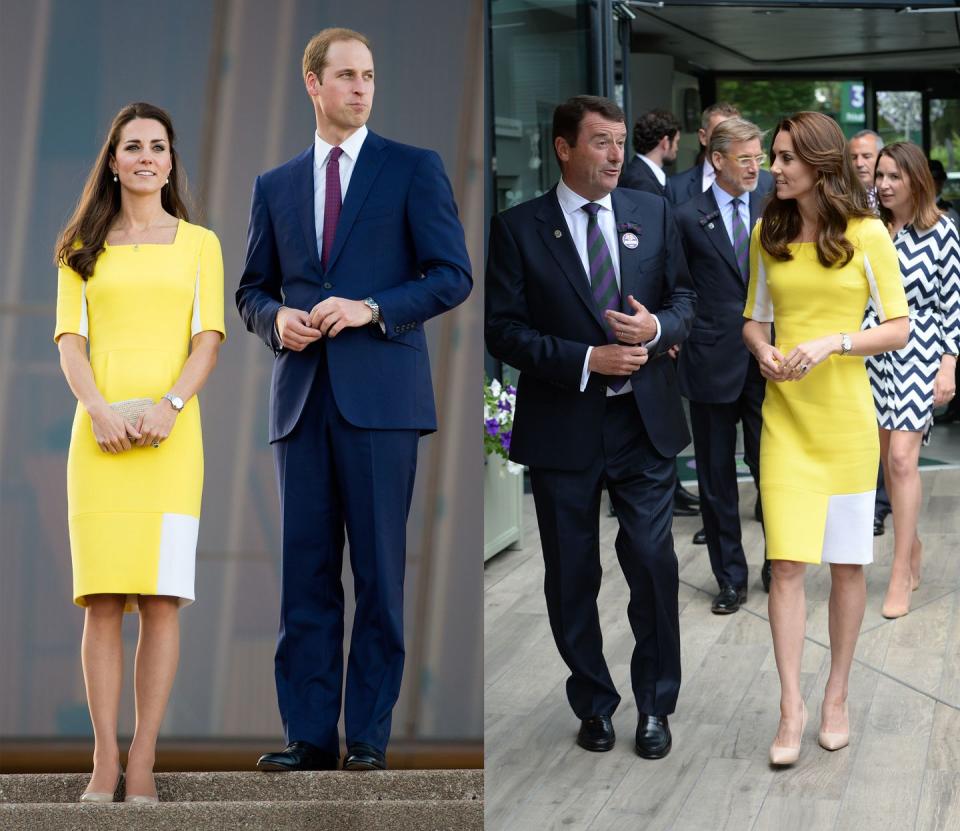 <p>Kate first wore this sunny yellow Roksanda half-sleeve sheath in April 2014 to visit the Sydney Opera House. She later rewore the look in July 2016 for a day at Wimbledon. </p>