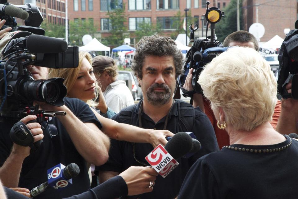 This photo provided by the Sundance Institute shows director Joe Berlinger, center, interviewing Pat Donahue in the documentary film, “Whitey: United States of America v. James J. Bulger.” James “Whitey” Bulger, the 84-year-old former crime boss, is among the voices in Berlinger’s film which premieres at the 2014 Sundance Film Festival, in Park City, Utah. The film also includes interviews with prosecutors, defense attorneys and victims’ relatives. (AP Photo/Sundance Institute, Daniel Wilson)