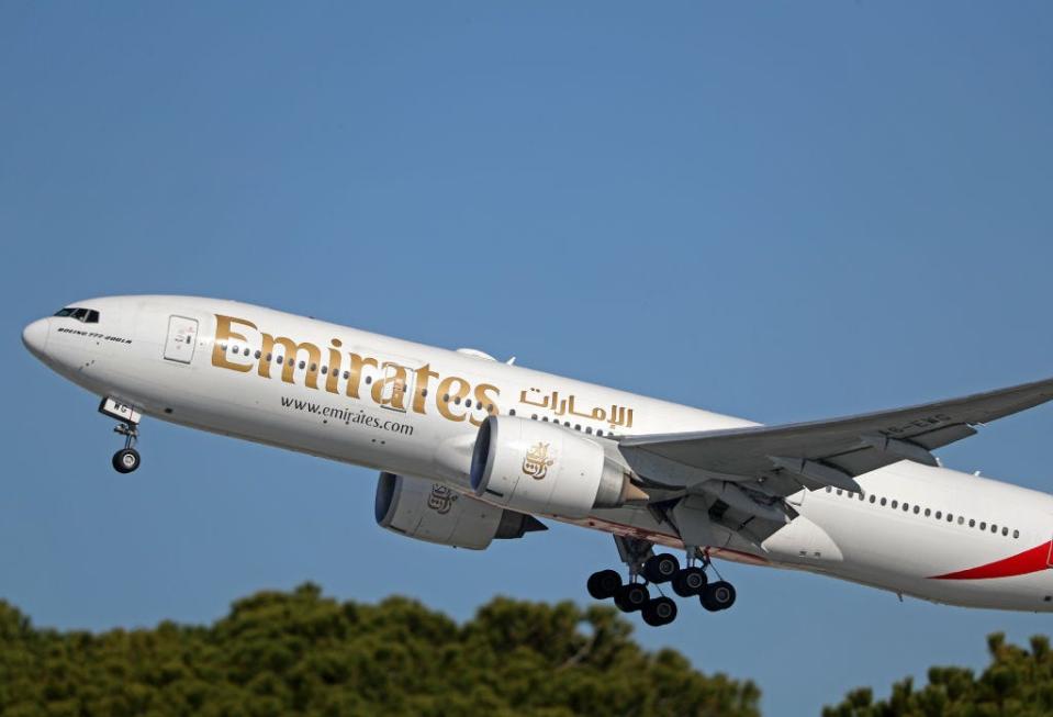 An Emirates Boeing 777-21H(LR) is taking off from Barcelona Airport in Barcelona, Spain, on February 29, 2024.
