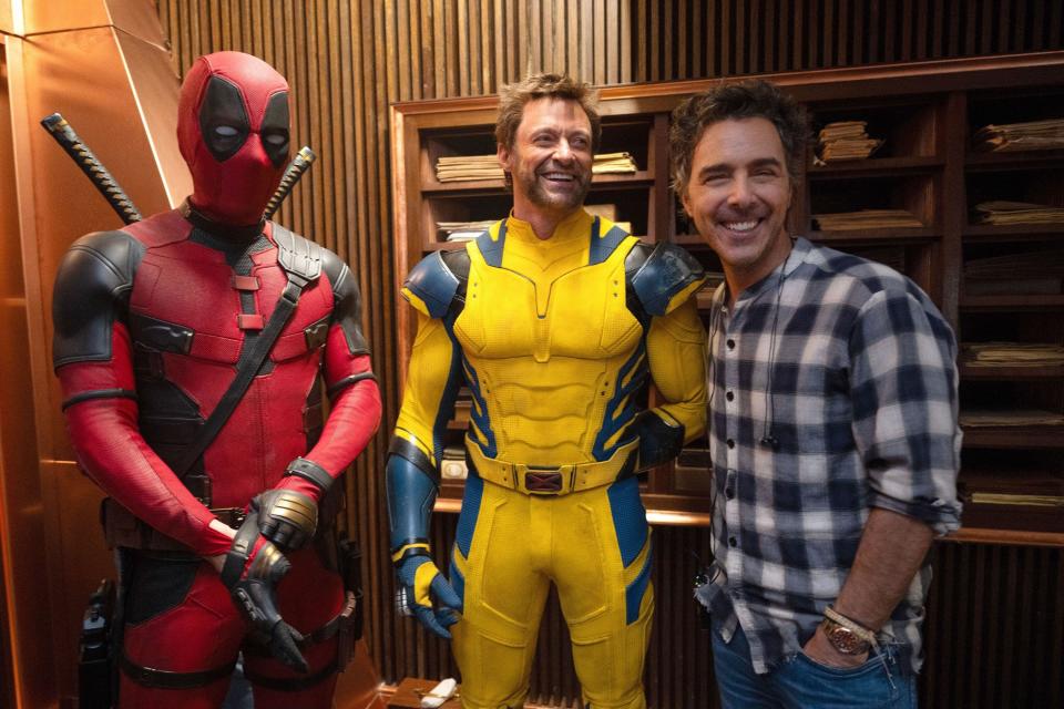 Ryan Reynolds, Hugh Jackman and Shawn Levy on the set of Deadpool & Wolverine