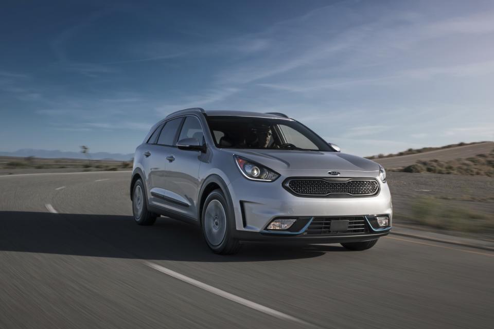 This photo provided by Kia shows a 2019 Niro Plug-In Hybrid. The plug-in version of the Niro crossover provides an EPA-estimated range of 26 miles on all-electric power. (Courtesy of Kia America via AP)