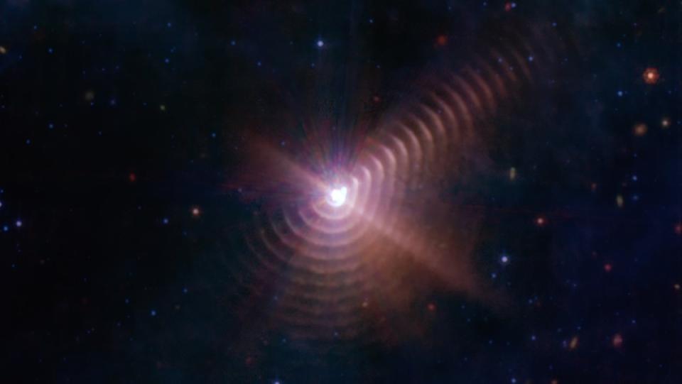 An image from James Webb Space Telescope of dust rings around two stars