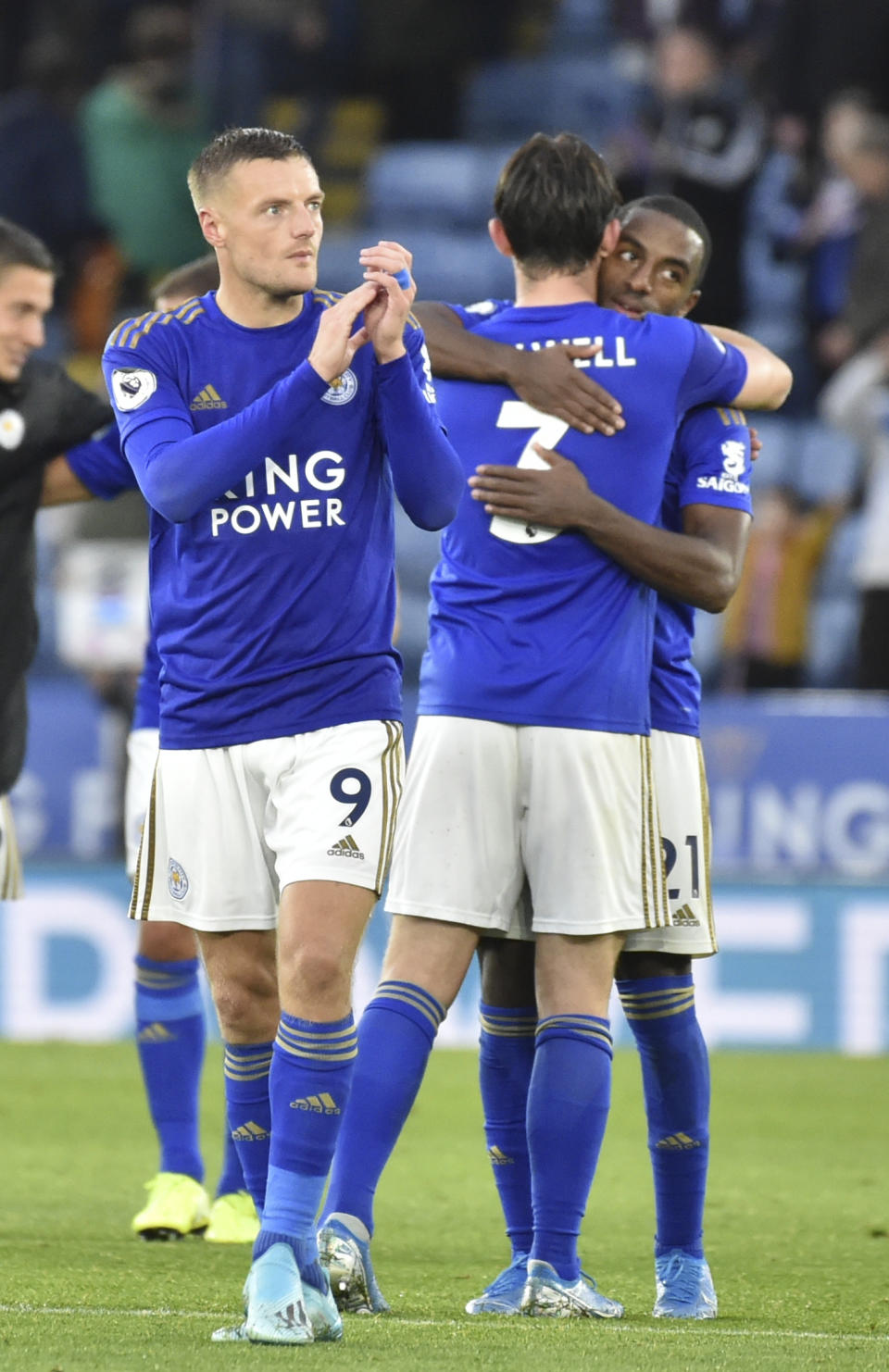 Leicester's Jamie Vardy, left, and his teammates react after the English Premier League soccer match between Leicester City and Newcastle United at the King Power Stadium in Leicester, England, Sunday, Sept. 29, 2019. (AP Photo/Rui Vieira)