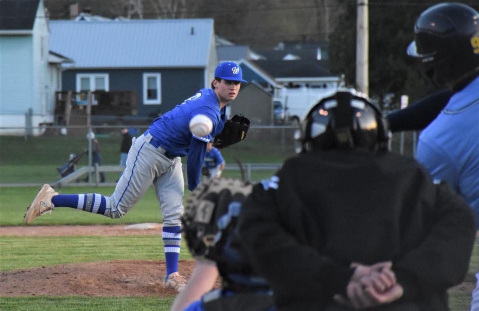 Whitesboro's Noah Clausen throws a pitch during the seventh inning Monday in Ilion. Clausen shut out Central Valley Academy on one hit while striking out 14 batters and walking one.