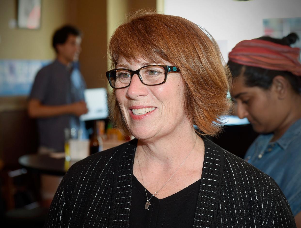 State Rep. Erin Murphy, the DFL-endorsed candidate for governor, talked with supporters Friday, June 29, during a stop at the White Horse in St. Cloud.