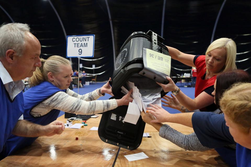 The first Ballot boxes are opened at the Titanic Exhibition centre, the Belfast count centre, on June 23, 2016 after polls closed in the referendum on whether the UK will remain or stay in the European Union (EU).&nbsp;