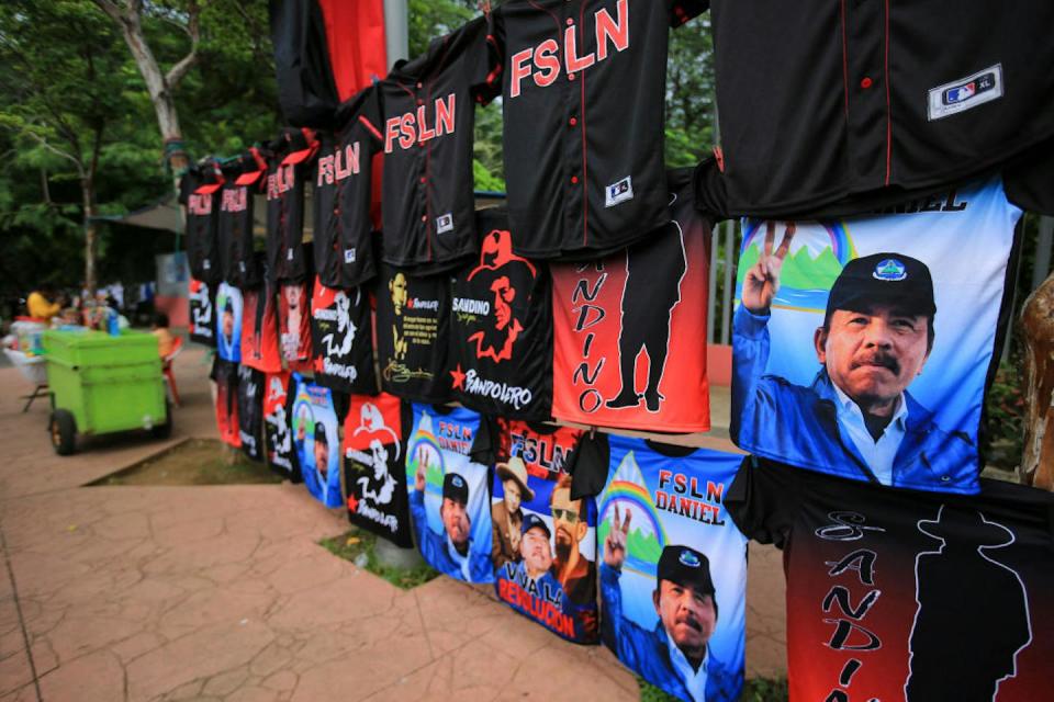 T-shirts depicting Nicaraguan President Daniel Ortega for sale in Managua in July 2023. <a href="https://www.gettyimages.com/detail/news-photo/shirts-depicting-nicaraguan-president-daniel-ortega-are-news-photo/1539099812?adppopup=true" rel="nofollow noopener" target="_blank" data-ylk="slk:Oswaldo Rivas/AFP via Getty Images;elm:context_link;itc:0;sec:content-canvas" class="link ">Oswaldo Rivas/AFP via Getty Images</a>