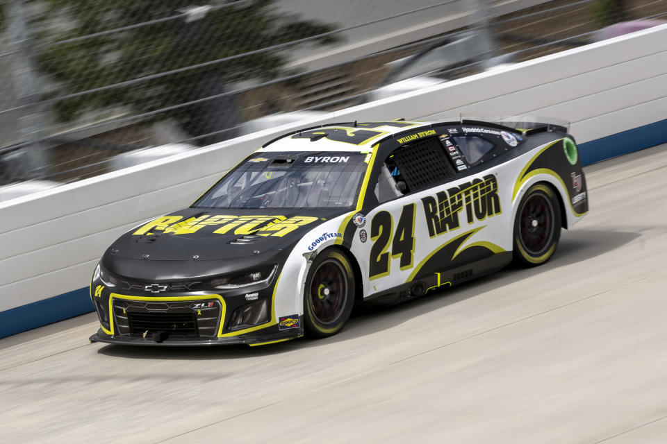 William Byron (24) races down the back stretch during the NASCAR 400 auto race at Dover Motor Speedway Monday, May 1, 2023, in Dover, Del. (AP Photo/Jason Minto)