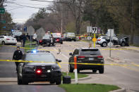 Authorities work the scene at the site of a shooting involving a police officer, Sunday, April 11, 2021, in Brooklyn Center, Minn. (Jeff Wheeler/Star Tribune via AP)