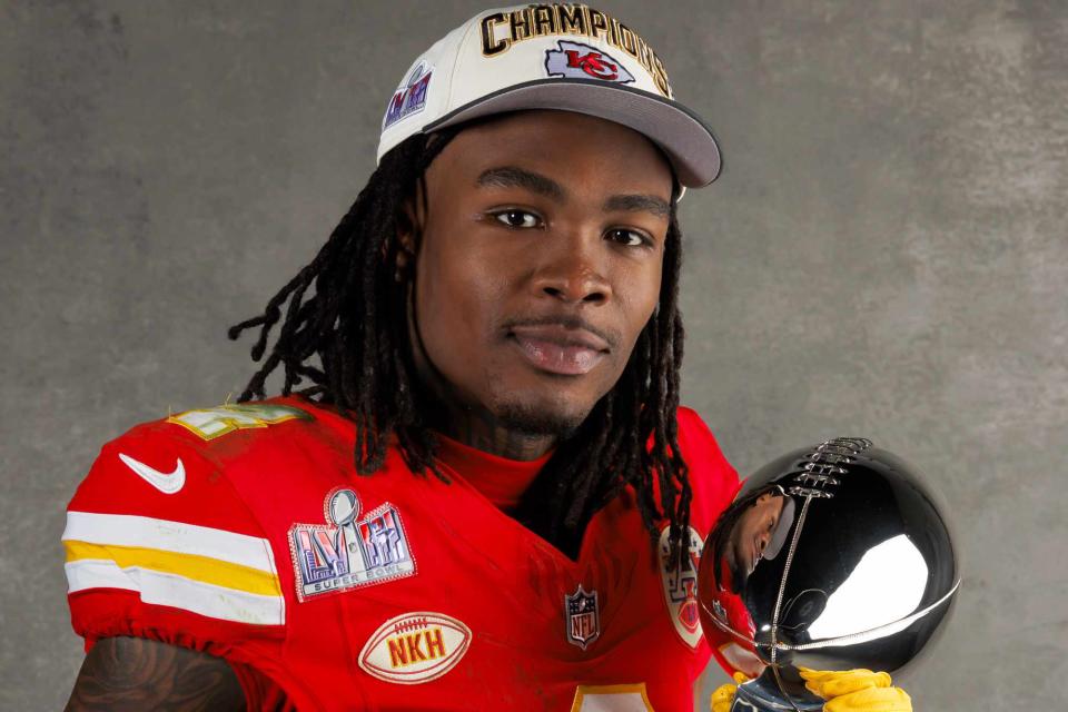 <p>Ryan Kang/Getty</p> Kansas City Chiefs player Rashee Rice on Feb. 11, 2024.