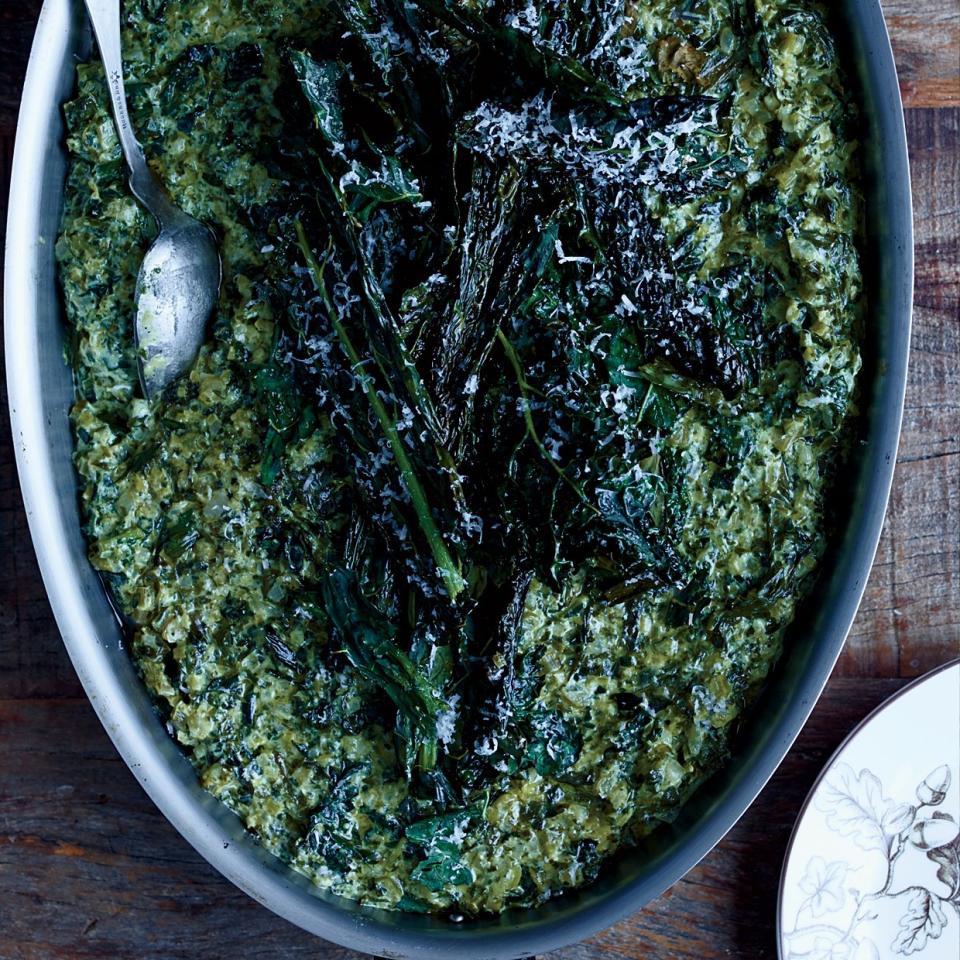 <p>This rich and delicious creamed kale from star chef Tyler Florence is an excellent swap for more traditional creamed spinach.</p><p><a href="https://www.foodandwine.com/recipes/tyler-florence-creamed-kale" rel="nofollow noopener" target="_blank" data-ylk="slk:GO TO RECIPE;elm:context_link;itc:0;sec:content-canvas" class="link ">GO TO RECIPE</a></p>