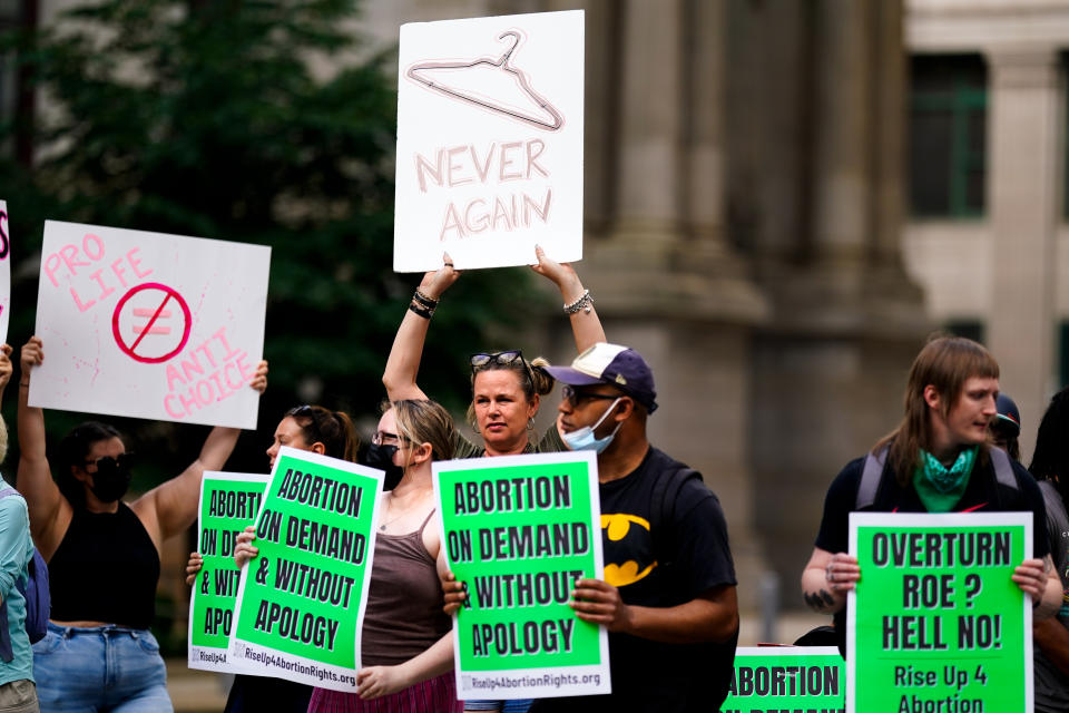 FILE - Abortion rights advocates demonstrate at City Hall in Philadelphia on June 24, 2022. Election wins for abortion rights and Democrats could translate into abortion protections in some states. But more restrictions could still be coming elsewhere. (AP Photo/Matt Slocum, File)