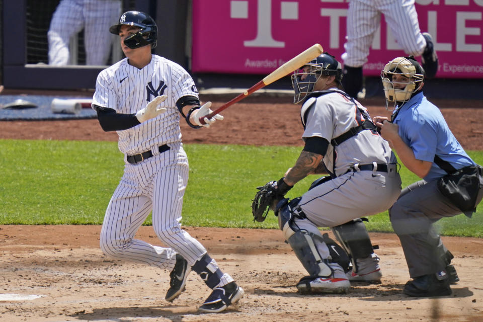 New York Yankees' Kyle Higashioka watches his RBI-double during the second inning of a baseball game against the Detroit Tigers at Yankee Stadium, Sunday, May 2, 2021, in New York. (AP Photo/Seth Wenig)