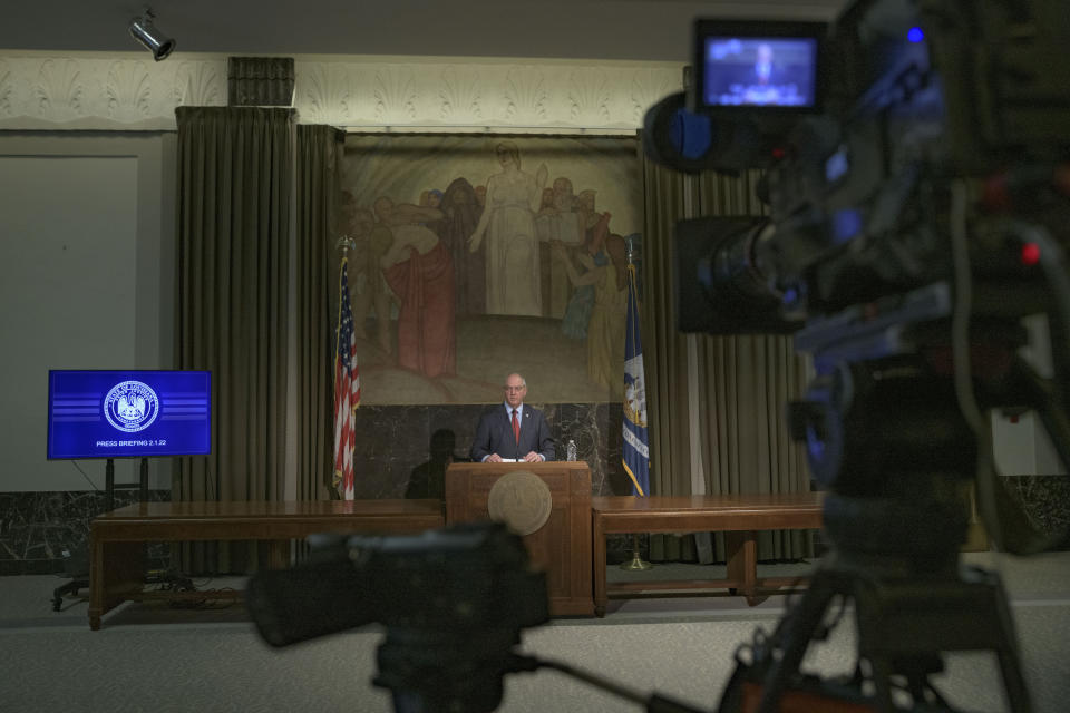 FILE - Louisiana Gov. John Bel Edwards speaks about the investigation into the death of Ronald Greene in Baton Rouge, La., Tuesday, Feb. 1, 2022. As of mid-2023, a bipartisan legislative committee that in 2022 demanded Bel Edwards testify about whether he was complicit in a cover-up over state troopers’ deadly 2019 arrest of Black motorist Ronald Greene has quietly fizzled away without hearing from the governor or issuing any findings. (AP Photo/Matthew Hinton, File)