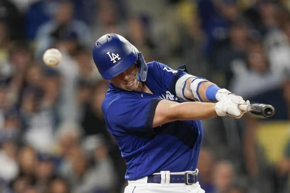 Will Smith hits a pitch during a game between the Dodgers and Detroit Tigers on September 19.  18.