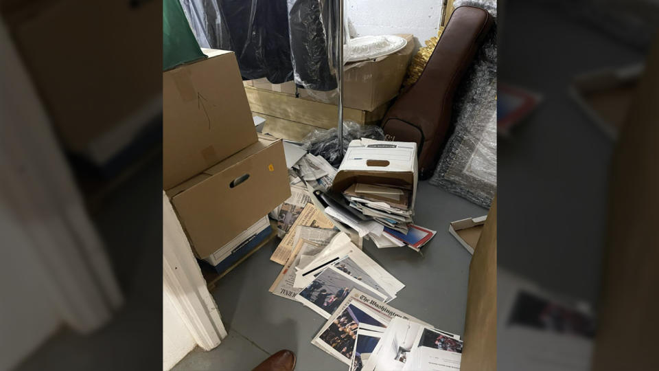 Boxes of records in a storage room at Mar-a-Lago, with contents spilling onto the floor