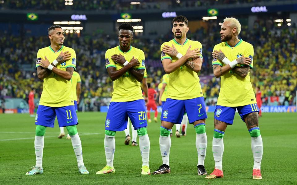 Vinicius Junior celebrates scoring their first goal with teammates Raphinha, Lucas Paqueta and Neymar - REUTERS/Annegret Hilse