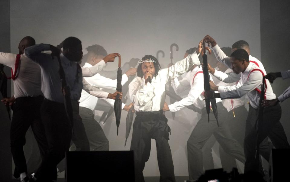 Kendrick Lamar performing on the Pyramid Stage at the Glastonbury Festival at Worthy Farm in Somerset. Picture date: Sunday June 26, 2022. PA Photo. See PA story SHOWBIZ Glastonbury. Photo credit should read: Yui Mok/PA Wire - Yui Mok/PA Wire