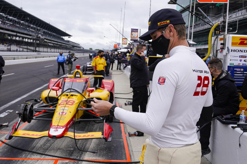 Ryan Hunter-Reay prepare to drives in the final practice for the Indianapolis 500 auto race at Indianapolis Motor Speedway in Indianapolis, Friday, May 28, 2021. (AP Photo/Michael Conroy)