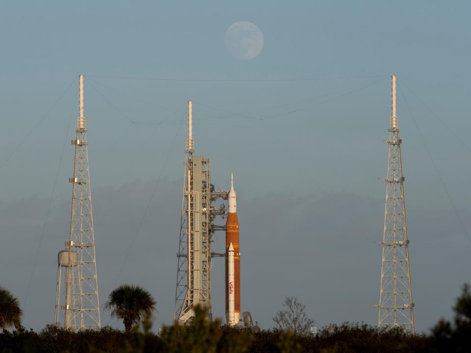 NASA's Space Launch System (SLS) rocket with the Orion spacecraft aboard atop the mobile launcher at Launch Pad 39B on Sunday, November 6, 2022.