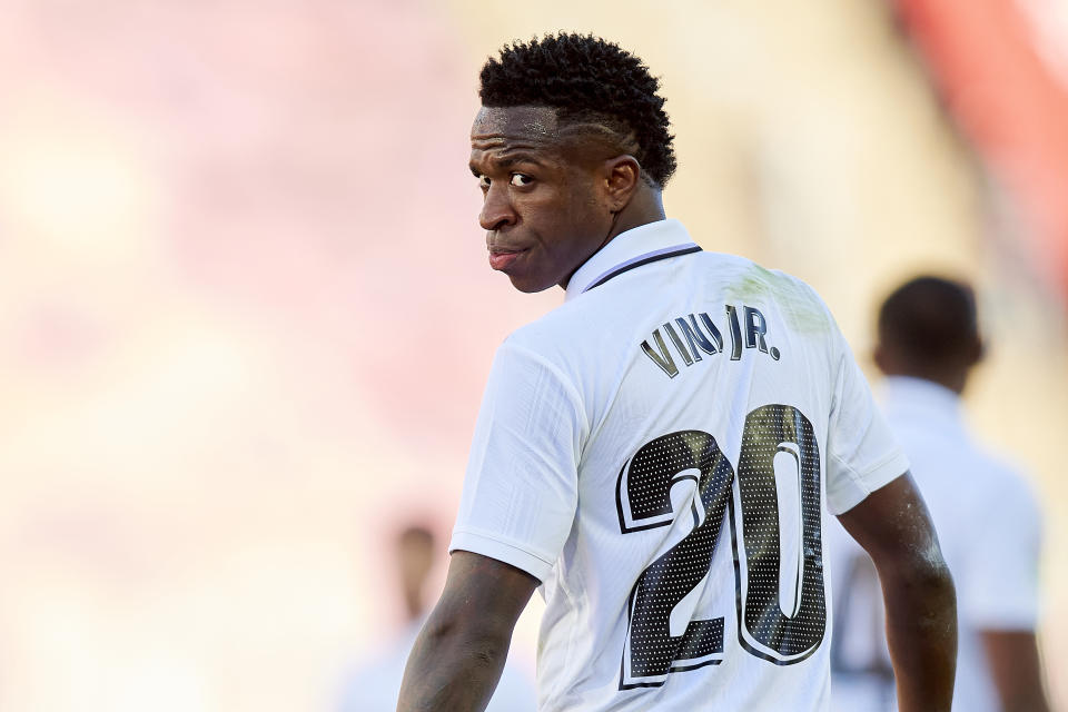 MALLORCA, SPAIN - FEBRUARY 05: Vinicius Junior of Real Madrid CF 
looks on during the LaLiga Santander match between RCD Mallorca and Real Madrid CF at Estadi Mallorca Son Moix on February 05, 2023 in Mallorca, Spain. (Photo by Cristian Trujillo/Quality Sport Images/Getty Images)