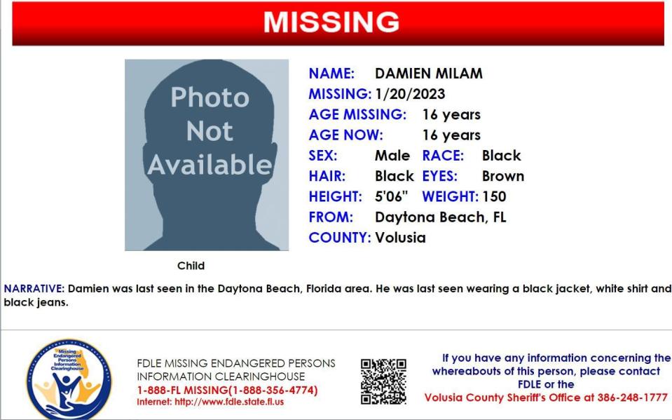 Damien Milam was last seen in Daytona Beach on Jan. 20, 2023.