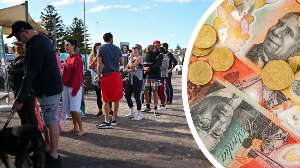 A composite image of people lining up to vote in Sydney and Australian money to represent the fine you may get for failing to vote.