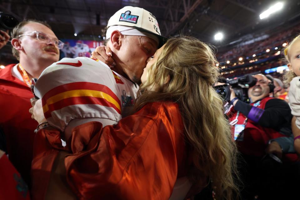 Patrick Mahomes kisses wife Brittany after Super Bowl LVII win (Getty Images)