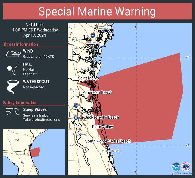 The National Weather Service Jacksonville issued a marine watch for high winds off the coast Tuesday, April 3, 2024.
