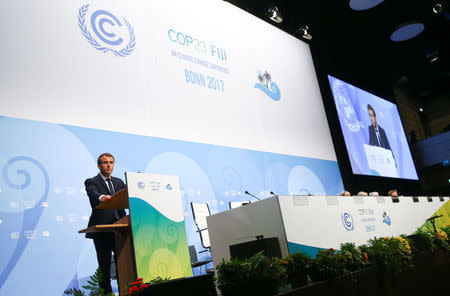 French President Emmanuel Macron speaks during the COP23 U.N. Climate Change Conference in Bonn, Germany, November 15, 2017. REUTERS/Wolfgang Rattay