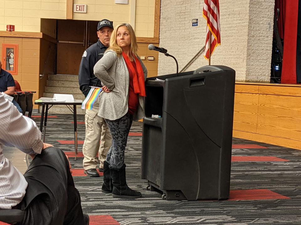 Resident and former school board member Andrea Gerstmayr is almost removed from the April 27 Westwood Board of Education after asking a board member to look at her while speaking.